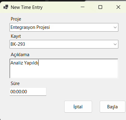 TimeTracker yeni kayıt ekranı
